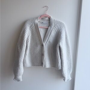 Zara Off-White Ribbed Button-Front Cardigan